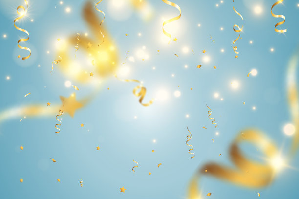 金色的五彩纸屑落在美丽的背景上。舞台上飘落的彩带。图片下载