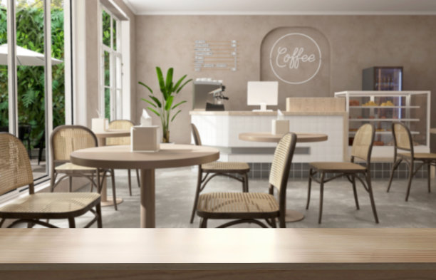 空木柜台，桌面在现代，豪华设计咖啡馆白色柜台，咖啡机，收银机，蛋糕展示冰箱，咖啡桌和椅子在阳光下从室外花园的棕色墙壁图片下载