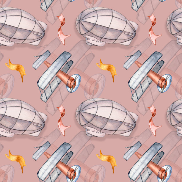 复古飞机复古风格水彩画无缝图案孤立在粉红色。图片下载