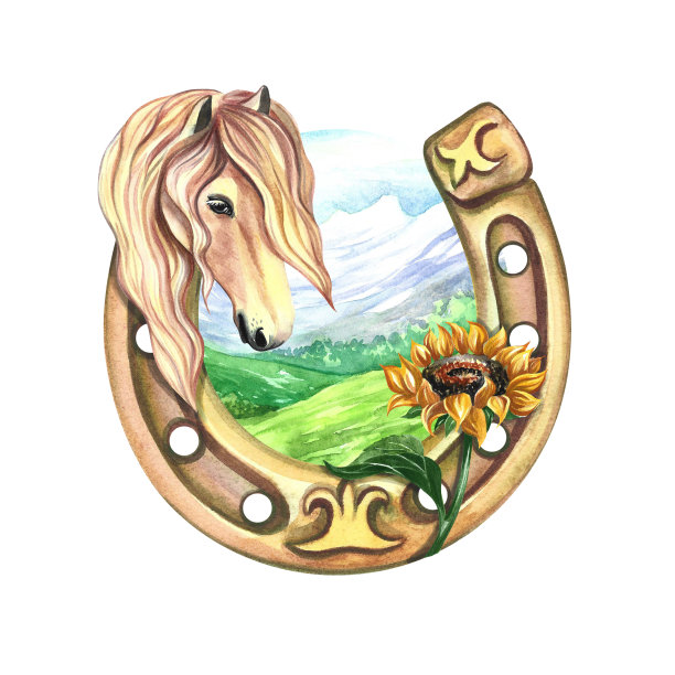 马蹄铁与向日葵在一个山景观的背景与一匹马的肖像。水彩作画图片下载