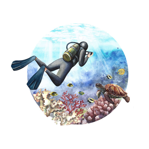 潜水员在海底游泳。水下旅行。手绘水彩画。标签、磁铁的概念图片下载