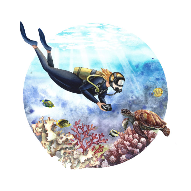 女潜水员在水下游泳。水下旅行。手绘水彩画。标签，磁铁，名片的概念图片下载