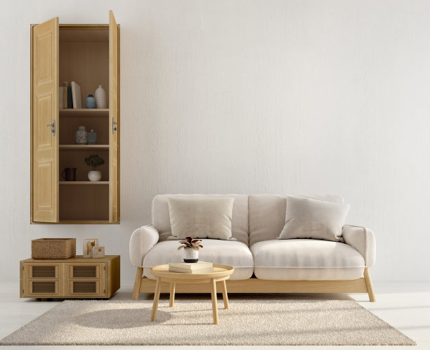 白色的房间内饰有木质沙发和桌子。三维渲染图片下载