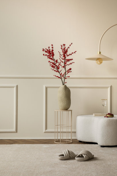 室内设计客厅室内复制空间，花瓶与花楸，白色泡花，米色地毯，圆形咖啡桌，时尚灯，墙壁与灰泥和个人配件。家居装饰。模板。图片下载