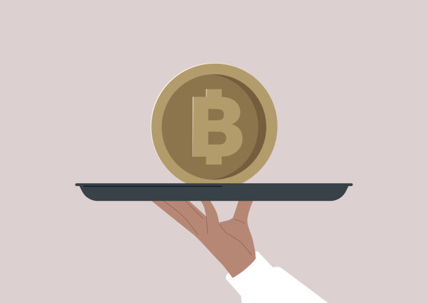 一只手拿着托盘上的一个大比特币图片下载