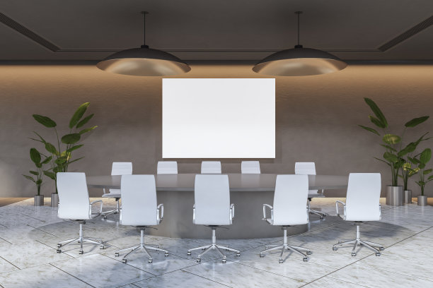 现代轻会议室内部与空白色模拟横幅和家具。董事会的概念。3 d渲染。图片下载