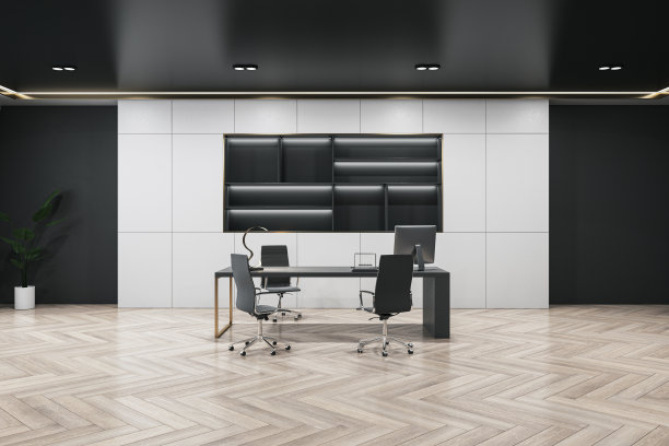 清洁办公室内部，深色书架，木地板和家具。3 d渲染。图片下载
