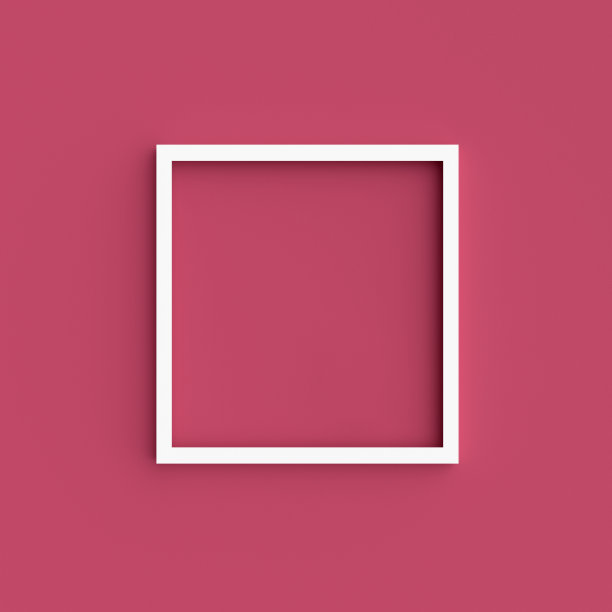 白色，方形，空白画框挂在viva品红色的墙壁背景。抽象三维渲染。空白模拟框架在墙上。图片下载