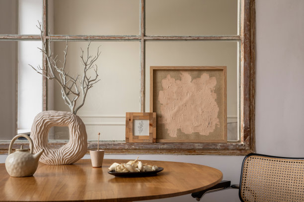 餐厅内部的创意构图与模拟海报框架，圆桌，藤椅，米色花瓶干花，水罐，杯子，窗户和个人配件。家居装饰。模板。图片下载