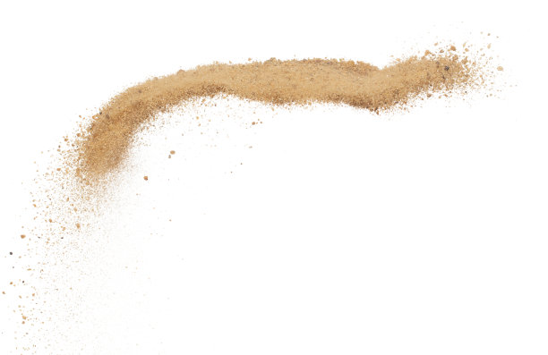 大尺寸飞沙爆炸，金粒沙波爆炸。抽象的云飞。黄色的沙子飞溅在空气中。白色背景隔离高速快门，抛出定格动作图片下载