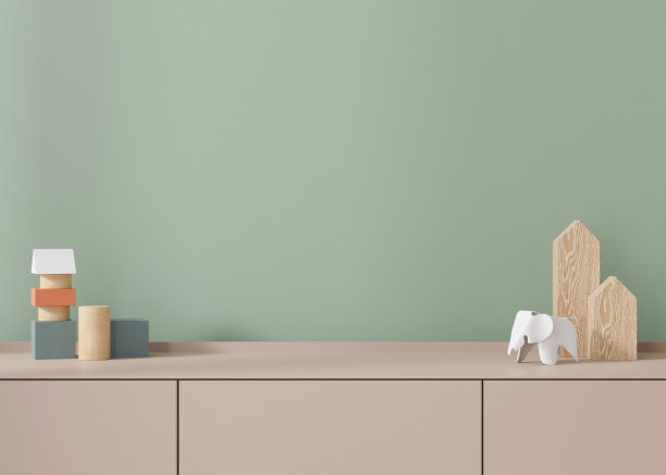 墙壁模拟在儿童房。复制空间的艺术作品，图片，海报或贴纸。儿童房模型。空白绿墙，近距离查看。餐具柜上的空白处展示玩具、产品。3 d渲染。图片下载
