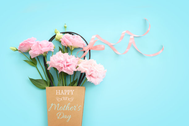 母亲节的概念与粉红色的花朵在柔和的蓝色背景图片下载