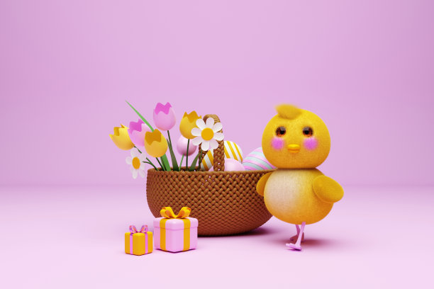 复活节可爱的小鸡在浅粉色的背景。三维渲染图片下载