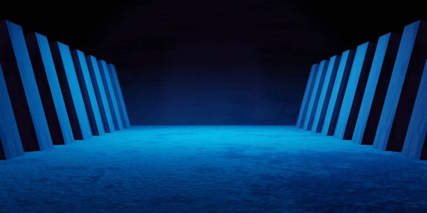 三维渲染蓝色飞船走廊走廊黑暗背景。广告、展厅、技术、未来、现代、体育、游戏、元世界的场景。科幻插画。产品显示图片下载