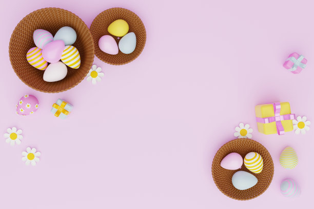 复活节可爱的插图在浅粉色的背景。三维渲染图片下载