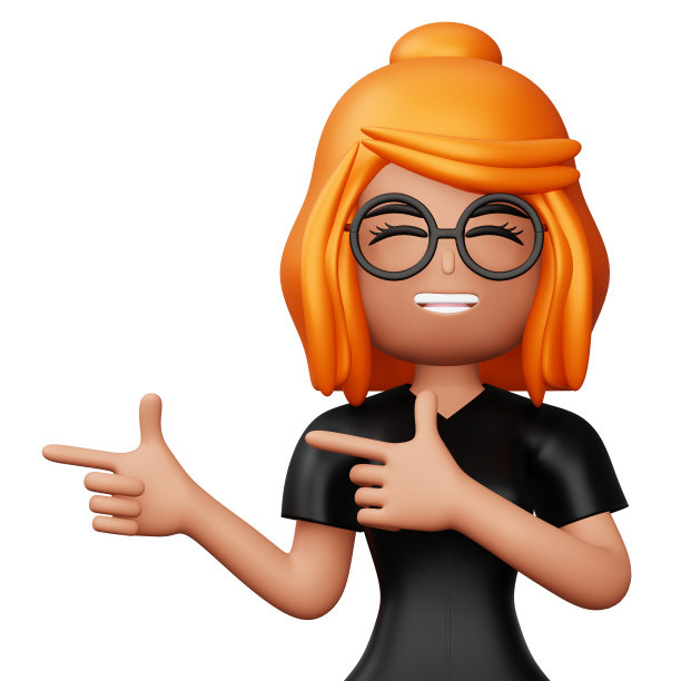 开心兴奋的女人指着身边，可爱的卡通人物，3d渲染图片下载