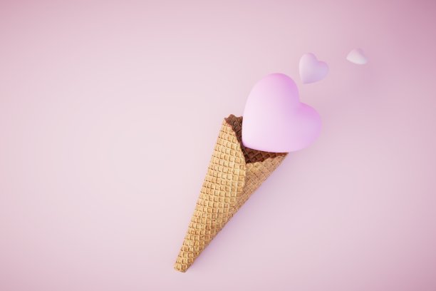 爱冰淇淋的概念。在柔和的背景上，心形飞出来的华夫角。三维渲染图片下载