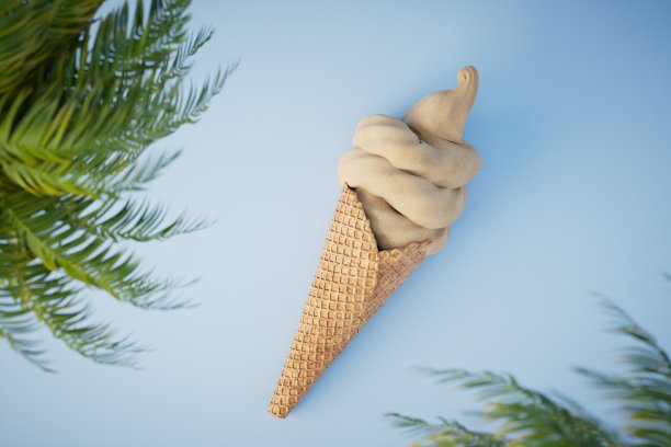 暑假的概念。华夫饼杯里的沙子，蓝色背景上有棕榈树。三维渲染图片下载