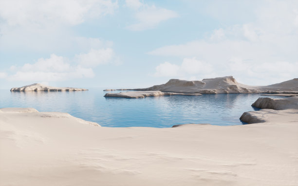 贫瘠的土地和湖泊，3d渲染。图片下载