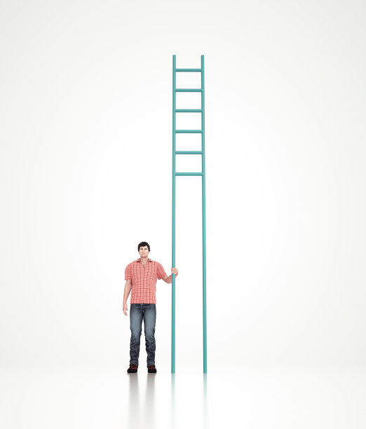 男人站在一个没有台阶的楼梯旁。挑战和歧视的概念。图片下载