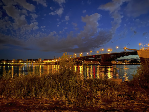 莱茵河、西奥多·赫斯大桥和德国美因茨市的风景图片下载