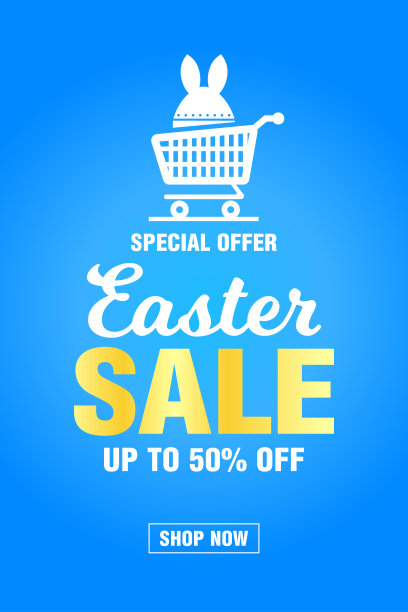 复活节销售旗帜设计与五折优惠在蓝色背景图片下载