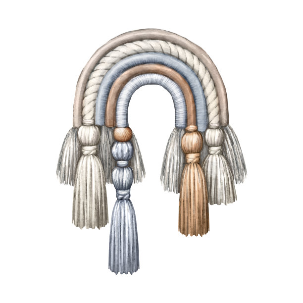 水彩插图。现代流苏流苏挂毯装饰，波西米亚手工装饰。剪贴艺术孤立在白色背景上图片下载