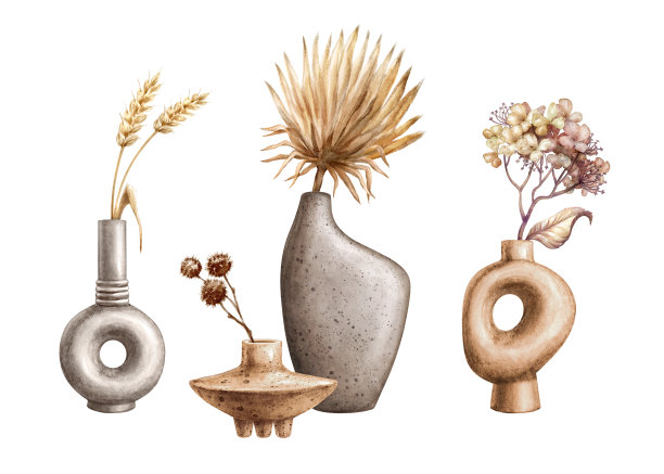 水彩插图。一套现代陶瓷花瓶和简单的瓶热带干花和叶子。植物标本室剪贴画孤立在白色背景上。极简的室内装饰图片下载