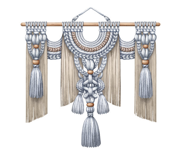 水彩插图。部落流苏挂毯装饰与流苏，波西米亚手工装饰。剪贴艺术孤立在白色背景上图片下载