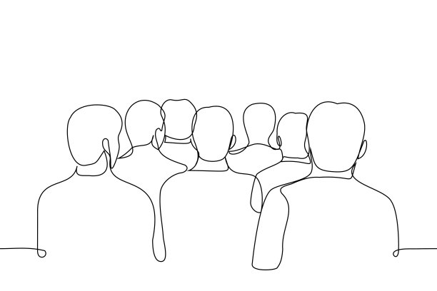 一群人背对着观众站着，他们都看向同一个方向——一个直线矢量。概念炒作，等待新闻、体育迷、观察者图片下载