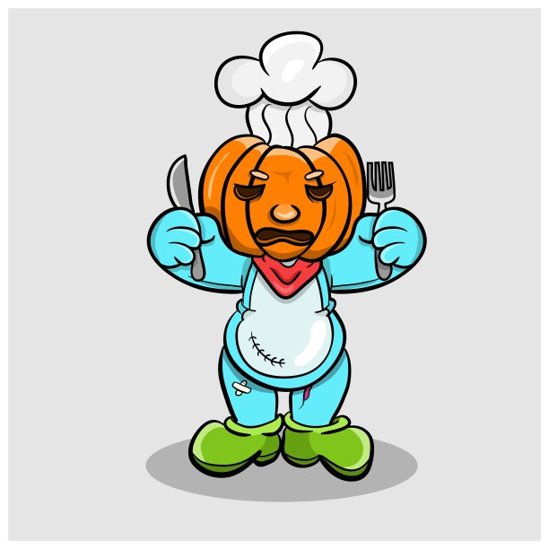 南瓜娃娃厨师角色与刀叉。矢量剪贴艺术。图片下载