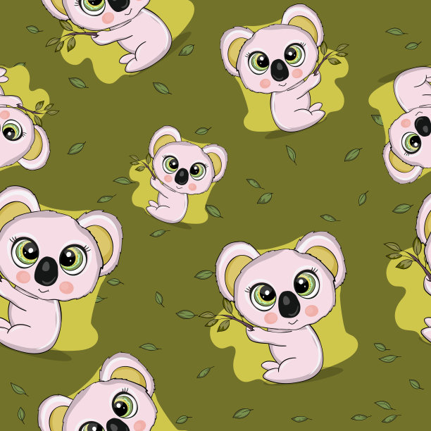 无缝模式与可爱的考拉宝宝的颜色背景。有趣的澳大利亚动物。卡片，给孩子的明信片。平面矢量说明织物，纺织品，墙纸，海报，纸图片下载
