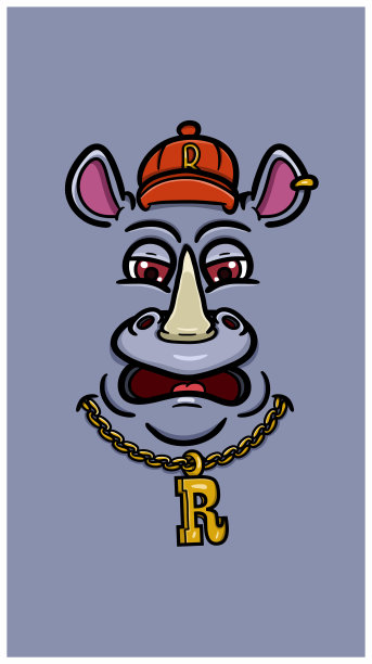 可爱的犀牛说唱歌手脸与说唱歌手帽子。矢量海报壁纸背景。图片下载