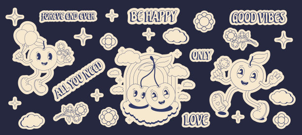 一套贴纸的发条复古卡通浆果樱桃在单色调色板上的80年代90年代2000年。喜剧，有趣，具有时尚的性格，复古。矢量插图。图片下载