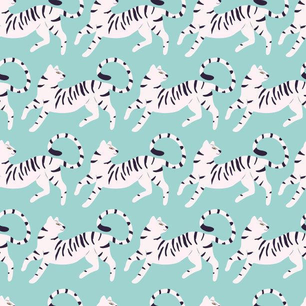 无缝模式与手绘异国情调的大猫老虎，在白色，在浅蓝色背景。彩色平面矢量图图片下载