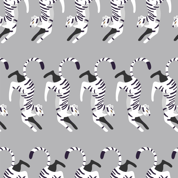 无缝模式与手绘异国情调的大猫白虎，浅灰色背景。彩色平面矢量图图片下载