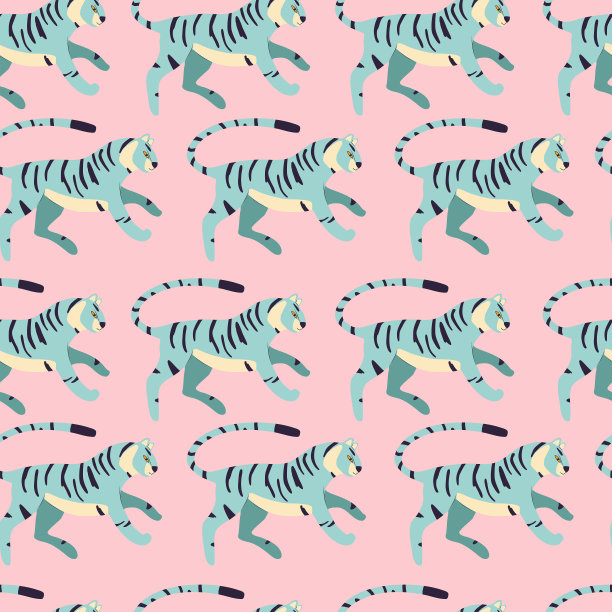 无缝模式与手绘异国情调的大猫老虎，在浅蓝色，在充满活力的粉红色背景。彩色平面矢量图图片下载