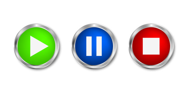 发挥按钮图标在现实的风格。媒体播放器按钮闪亮的设计元素。音乐或视频应用程序设置。现代矢量插图图片下载