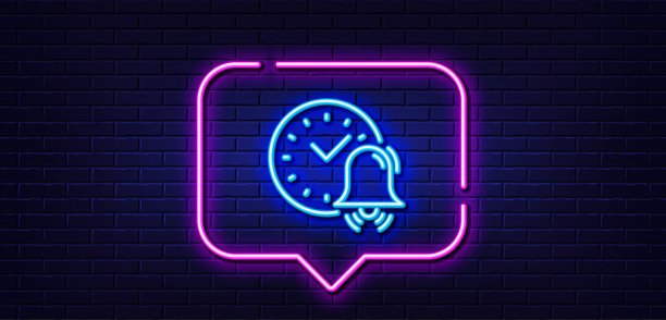 闹钟线性图标，时间标志，霓虹灯语音气泡矢量图图片下载