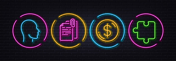 头部，美元钱和文件附件最小线图标。对于web应用程序，打印矢量图片下载