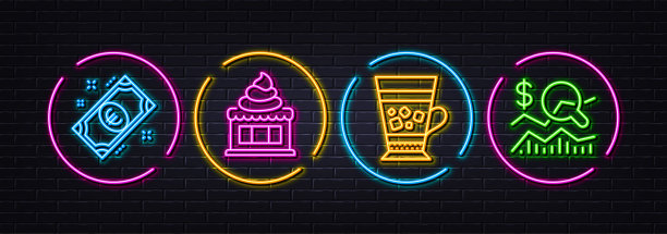 冰淇淋，欧洲货币和星冰乐最小线图标。对于web应用，打印。霓虹灯激光3d灯。向量图片下载