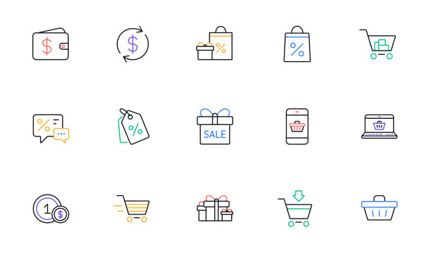 购物线性图标：礼品、百分号和促销折扣。线性图标集。矢量图片下载