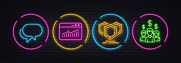 盾牌，网站统计和谈话气泡最小线图标。对于web应用程序，打印矢量图片下载