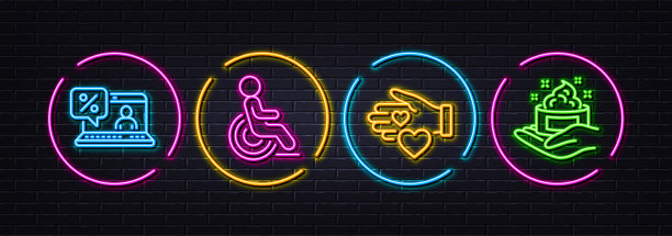 志愿者，在线贷款和残疾最低线图标。对于web应用，打印。霓虹灯激光3d灯。向量图片下载