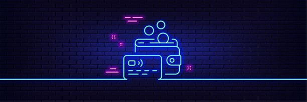 信用卡线路图标。银行付款标志。霓虹灯发光效果。向量图片下载