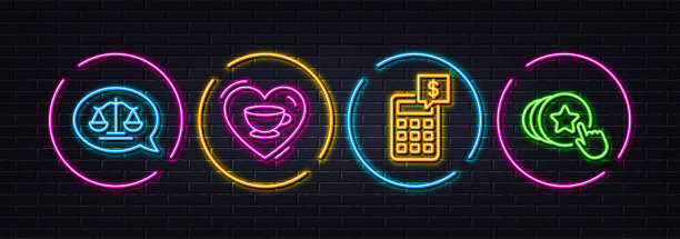 爱咖啡，正义秤和计算器最小线图标。对于web应用程序，打印矢量图片下载