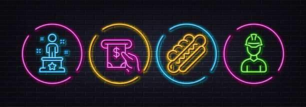 热狗，成功和Atm服务最小线图标。对于web应用，打印。霓虹灯激光3d灯。向量图片下载