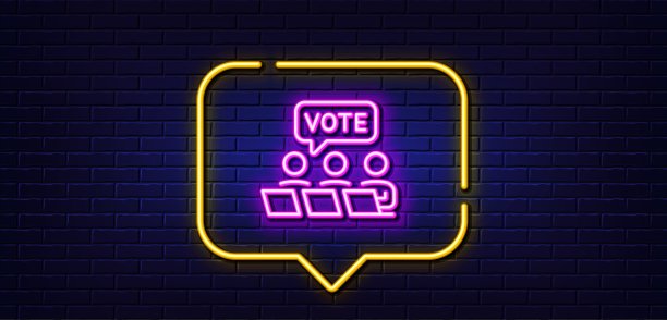 在线投票直线图标。互联网投票标志。霓虹灯语音气泡。矢量图片下载