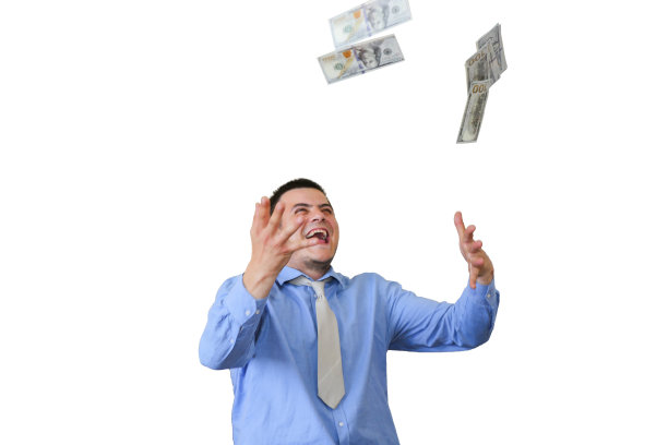 一个男人的薪水被隔离在白色背景上。办公室职员扔钱。高级经理的笑脸。穿漂亮衬衫打领带的家伙。图片下载
