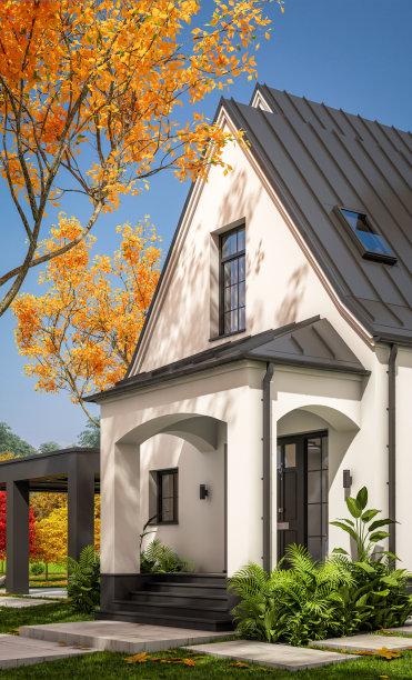 三维渲染的白色和黑色现代都铎房屋在秋天的一天图片下载